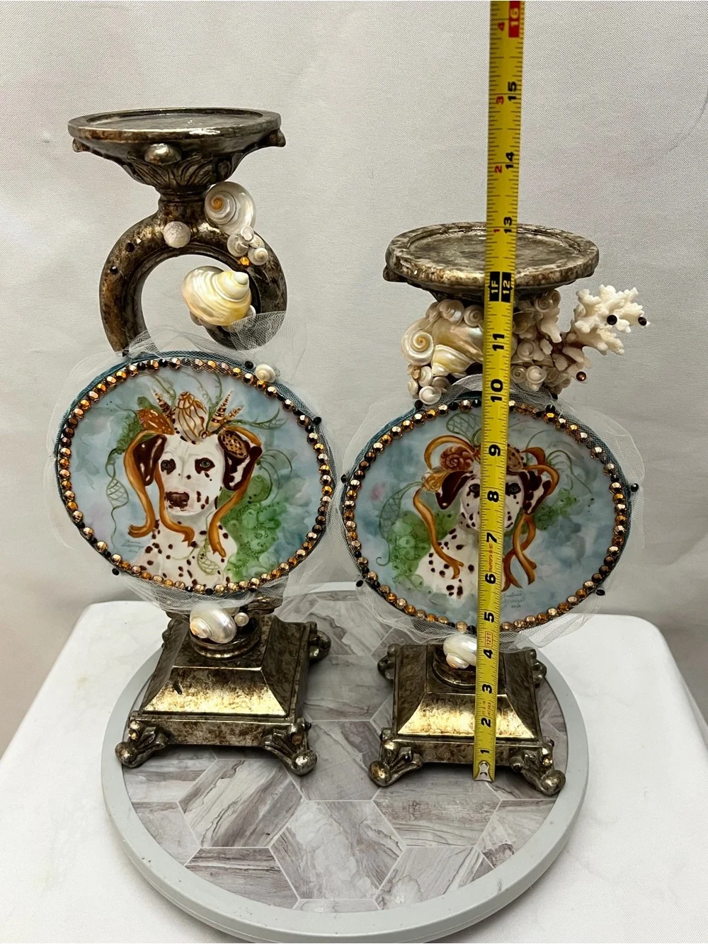 Set of 2 Coastal Dalmatian Dog Seashell Jeweled Candle Holders Sculptures